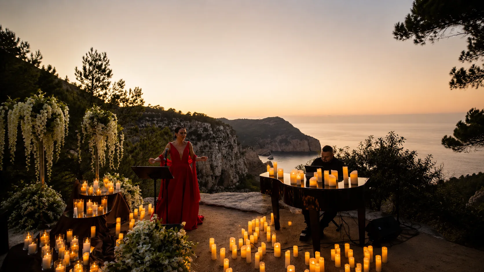 Dúo de piano y voz lírica al atardecer sobre un acantilado de Ibiza, rodeados de velas